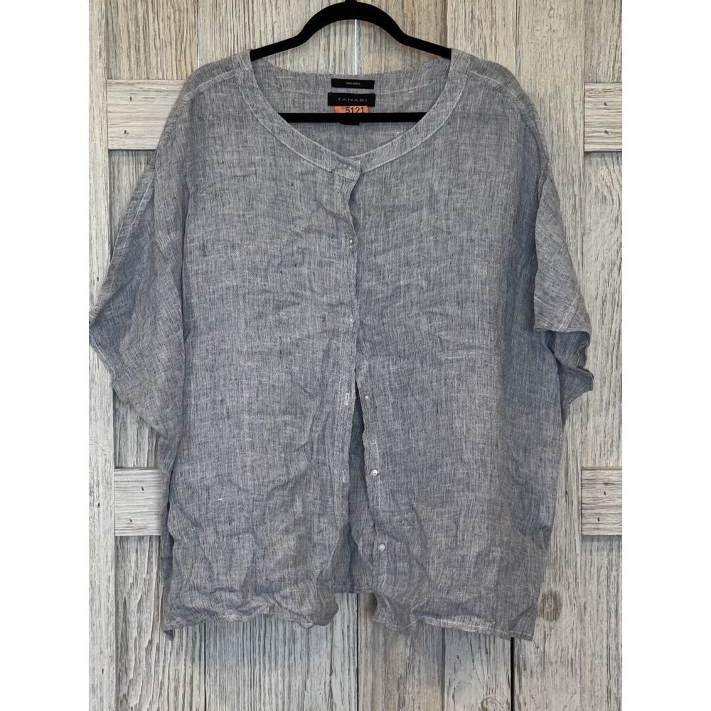 Tahari Women L‎ Gray Shirt Tunic Top 100% Linen Short Sleeve Button Up Chambray
